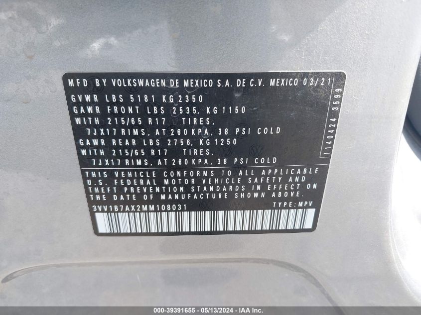 2021 Volkswagen Tiguan 2.0T S VIN: 3VV1B7AX2MM108031 Lot: 39391655