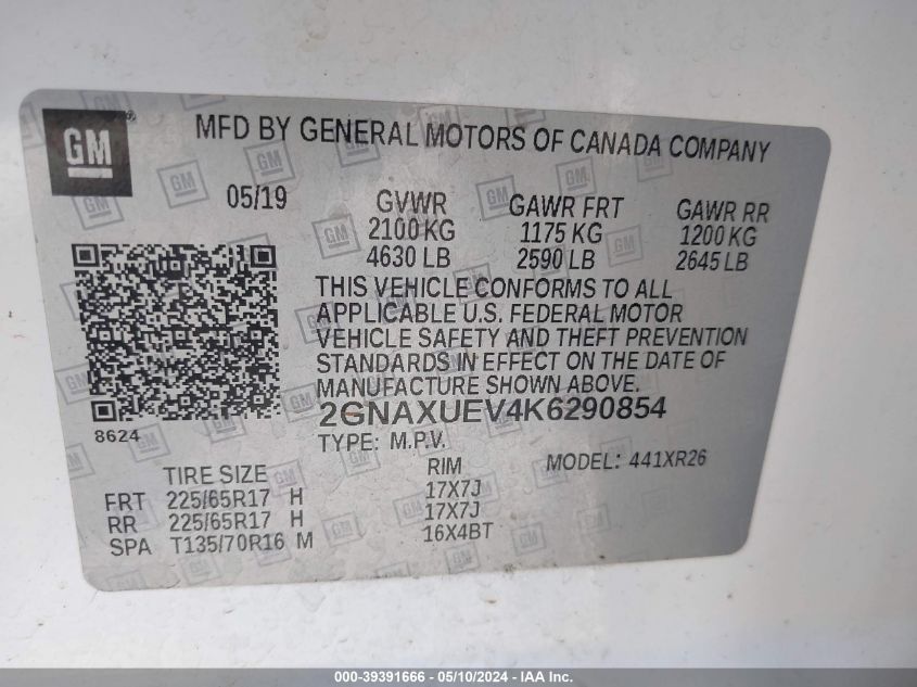 2019 Chevrolet Equinox Lt VIN: 2GNAXUEV4K6290854 Lot: 39391666