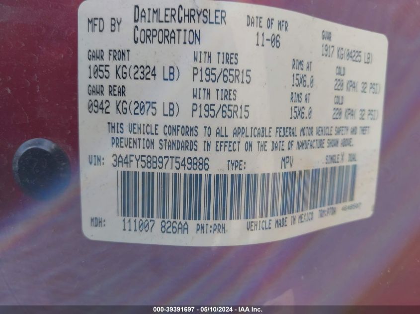 2007 Chrysler Pt Cruiser Touring VIN: 3A4FY58B97T549886 Lot: 39391697