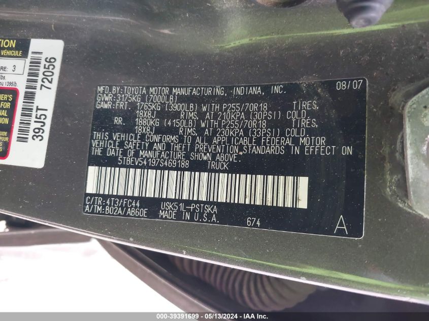 2007 Toyota Tundra Sr5 5.7L V8 VIN: 5TBEV54197S469188 Lot: 39391699
