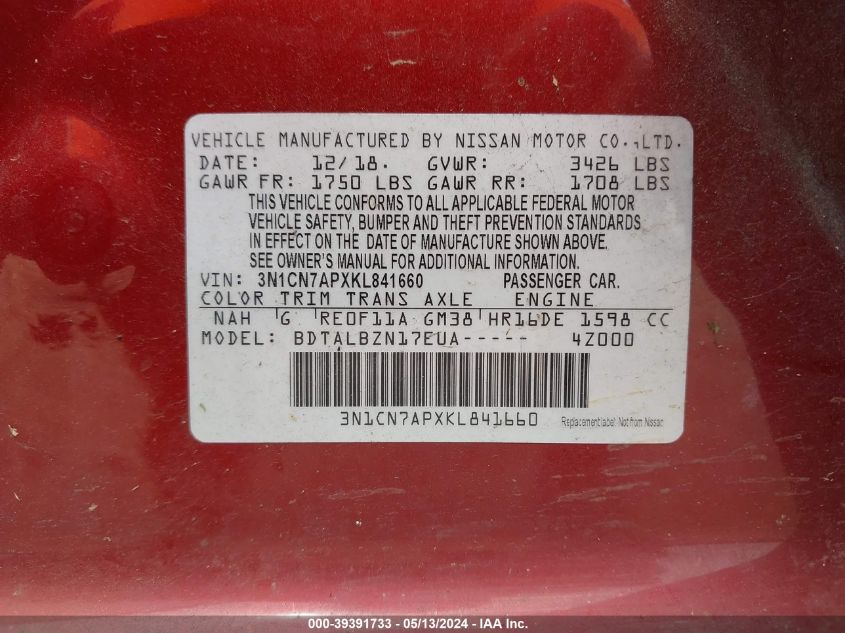 2019 Nissan Versa 1.6 Sv VIN: 3N1CN7APXKL841660 Lot: 39391733