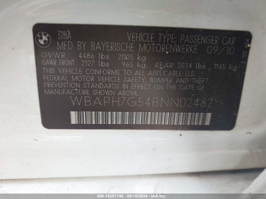 2011 BMW 328I VIN: WBAPH7G54BNN02482 Lot: 39391740