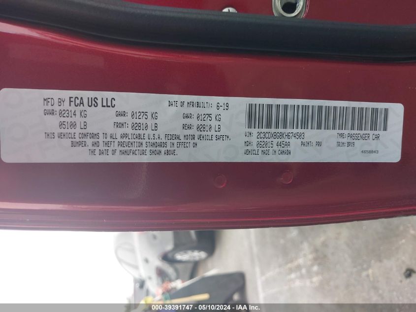 2019 Dodge Charger Sxt Rwd VIN: 2C3CDXBG8KH674503 Lot: 39391747