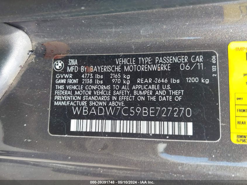 2011 BMW 328I VIN: WBADW7C59BE727270 Lot: 39391748