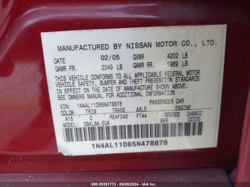 2005 Nissan Altima 2.5 S VIN: 1N4AL11D85N478878 Lot: 39391773