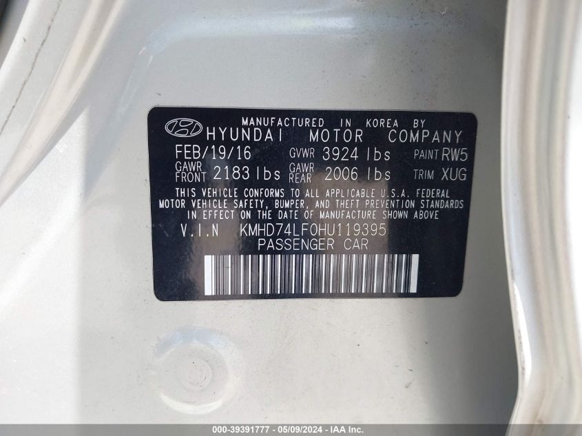 Image 9 of 2017 Hyundai Elantra  salvage vehicle - Lot #39391777 at IAAI