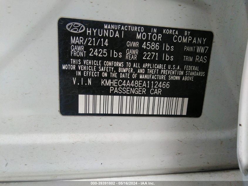 2014 Hyundai Sonata Hybrid Limited VIN: KMHEC4A48EA112466 Lot: 39391802