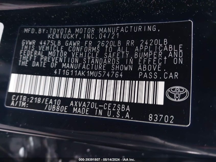 2021 Toyota Camry Se VIN: 4T1G11AK1MU574764 Lot: 39391807