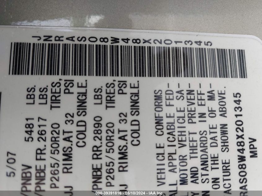 2008 Infiniti Fx35 VIN: JNRAS08W48X201345 Lot: 39391816