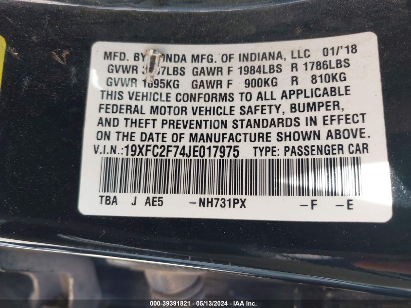 2018 Honda Civic Ex VIN: 19XFC2F74JE017975 Lot: 39391821
