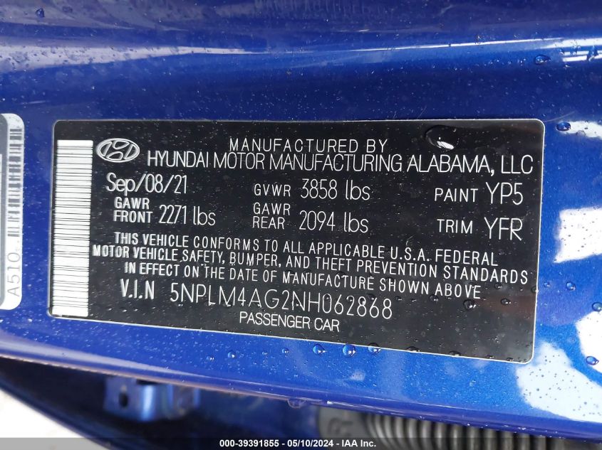 2022 Hyundai Elantra Sel VIN: 5NPLM4AG2NH062868 Lot: 39391855