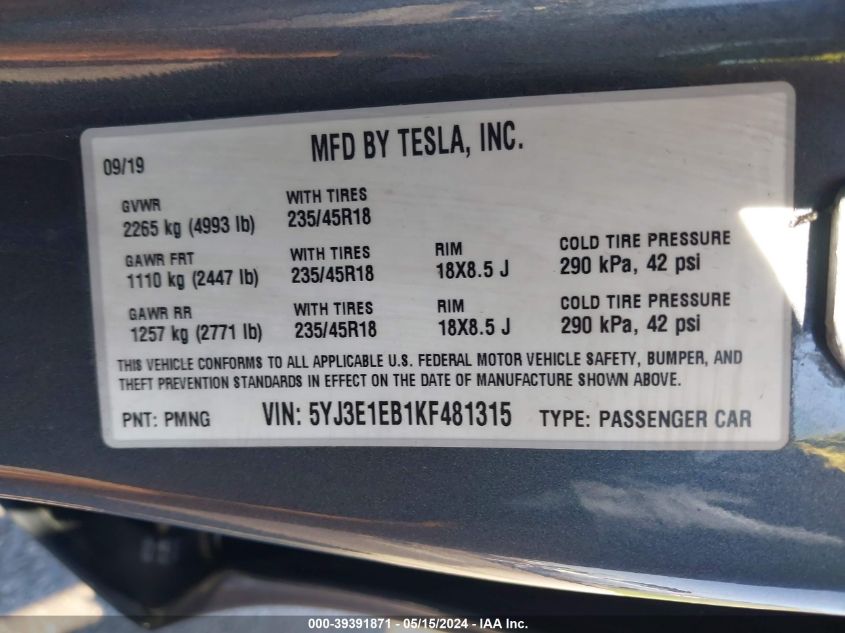 2019 TESLA MODEL 3 LONG RANGE/PERFORMANCE - 5YJ3E1EB1KF481315