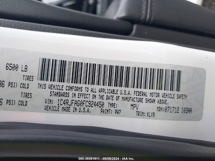 2015 Jeep Grand Cherokee Altitude VIN: 1C4RJFAG0FC924450 Lot: 39391911