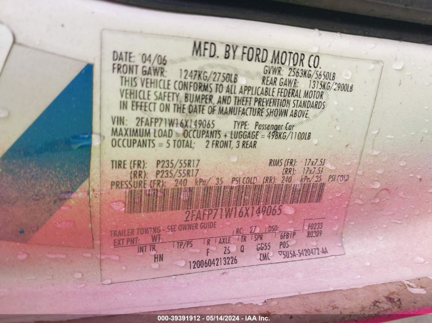 2006 Ford Crown Victoria Police/Police Interceptor VIN: 2FAFP71W16X149065 Lot: 39391912