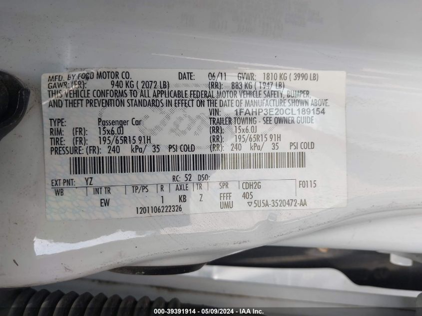 2012 Ford Focus S VIN: 1FAHP3E20CL189154 Lot: 39391914