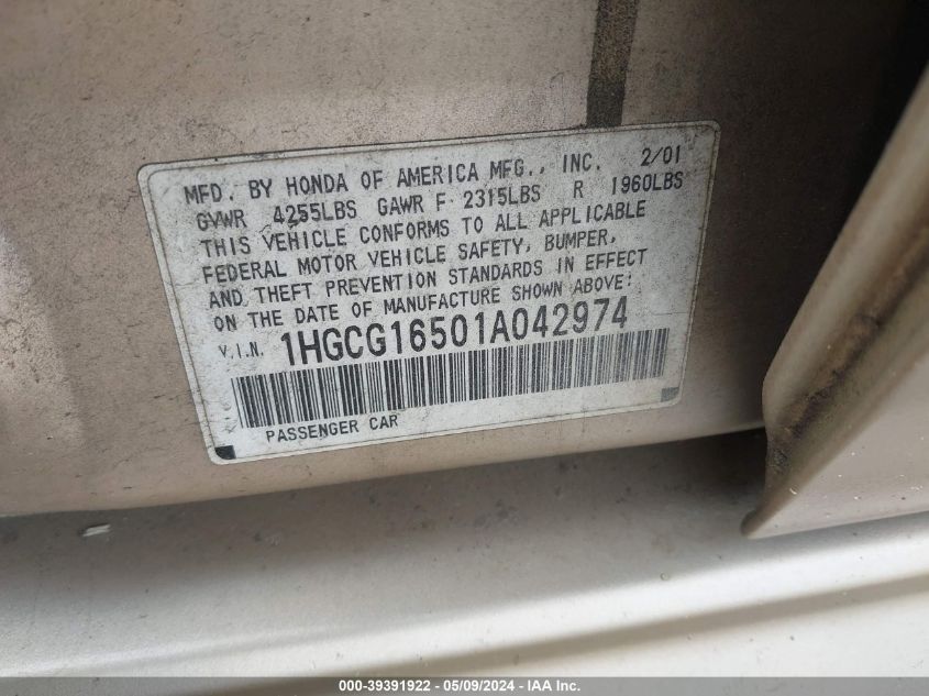 2001 Honda Accord 3.0 Ex VIN: 1HGCG16501A042974 Lot: 39391922