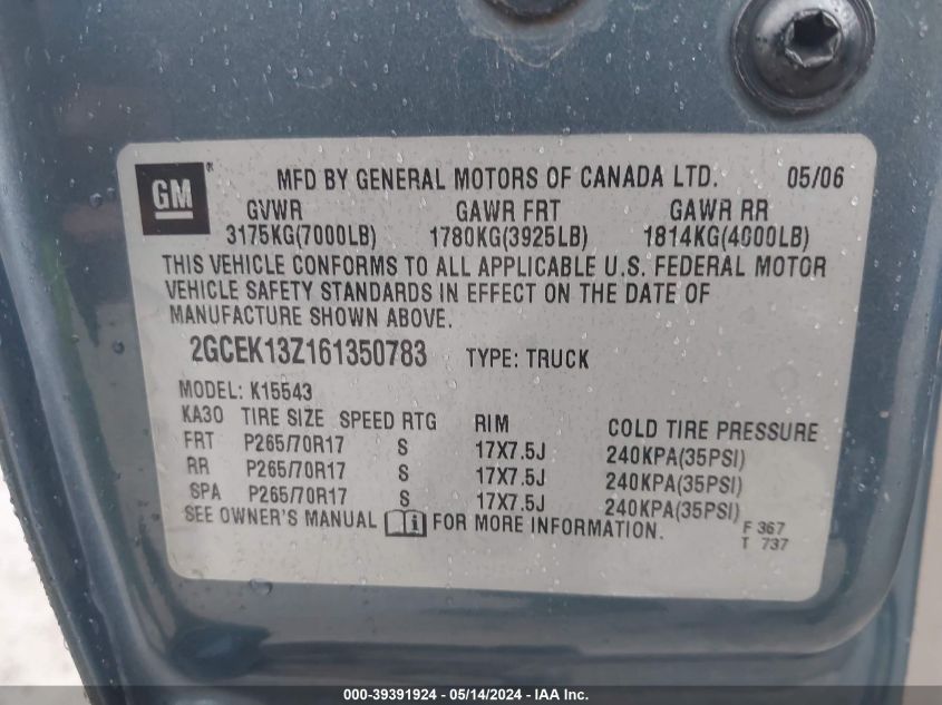 2006 Chevrolet Silverado 1500 Lt1 VIN: 2GCEK13Z161350783 Lot: 39391924