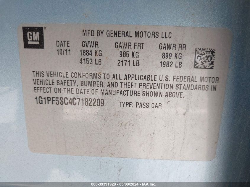 2012 Chevrolet Cruze 1Lt VIN: 1G1PF5SC4C7182209 Lot: 39391928