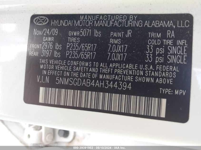 2010 Hyundai Santa Fe Gls VIN: 5NMSGDAB4AH344394 Lot: 39391953