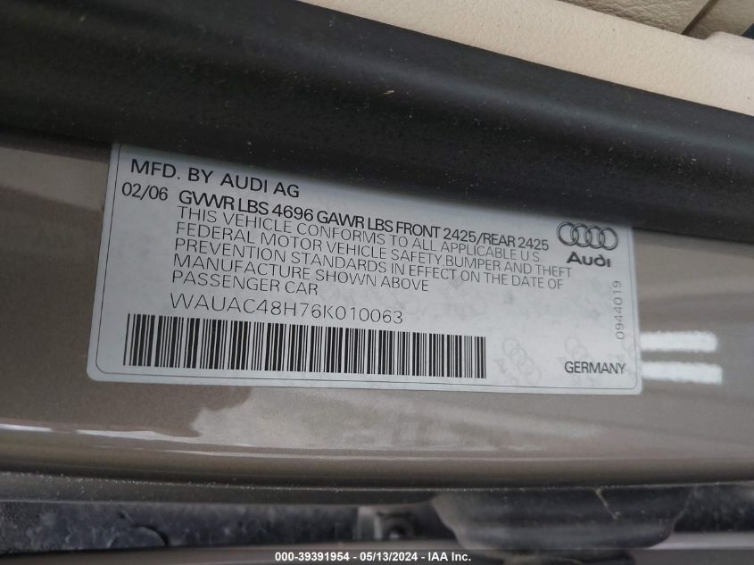 2006 Audi A4 1.8T VIN: WAUAC48H76K010063 Lot: 39391954