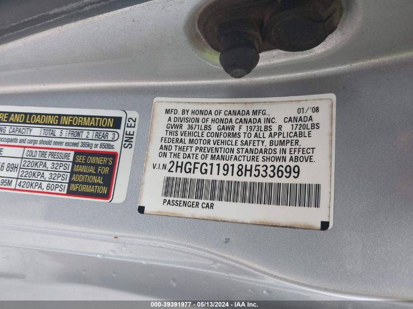 2008 Honda Civic Ex-L VIN: 2HGFG11918H533699 Lot: 39391977