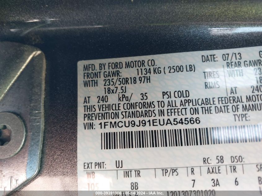 2014 Ford Escape Titanium VIN: 1FMCU9J91EUA54566 Lot: 39391986