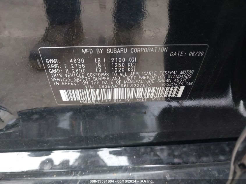 2020 Subaru Legacy Premium VIN: 4S3BWAC66L3027638 Lot: 39391994