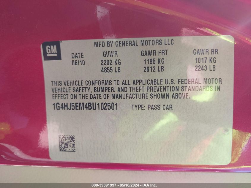 2011 Buick Lucerne Cxl Premium VIN: 1G4HJ5EM4BU102501 Lot: 39391997