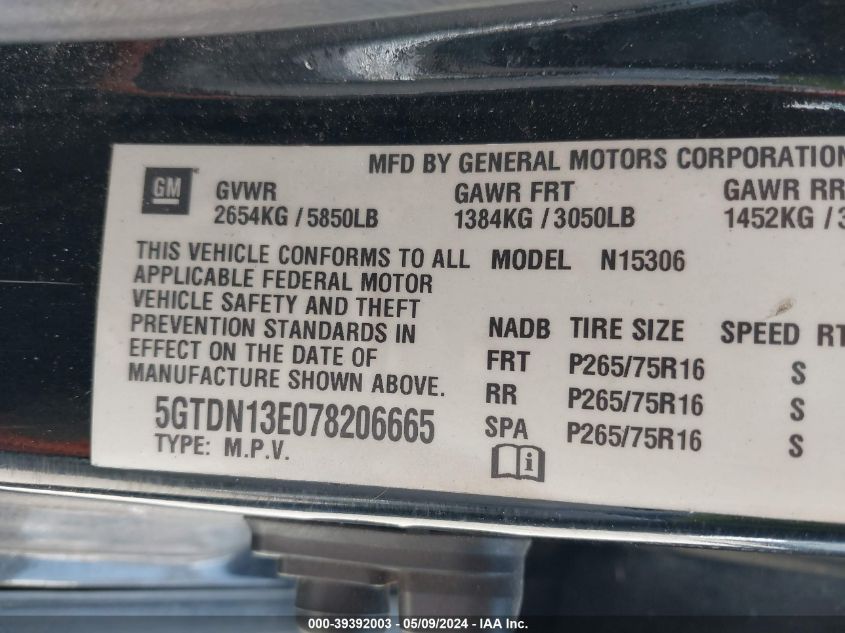 2007 Hummer H3 Suv VIN: 5GTDN13E078206665 Lot: 39392003