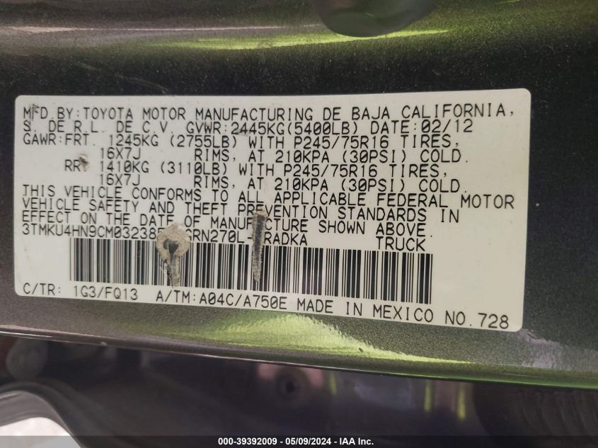 2012 Toyota Tacoma Prerunner V6 VIN: 3TMKU4HN9CM032385 Lot: 39392009