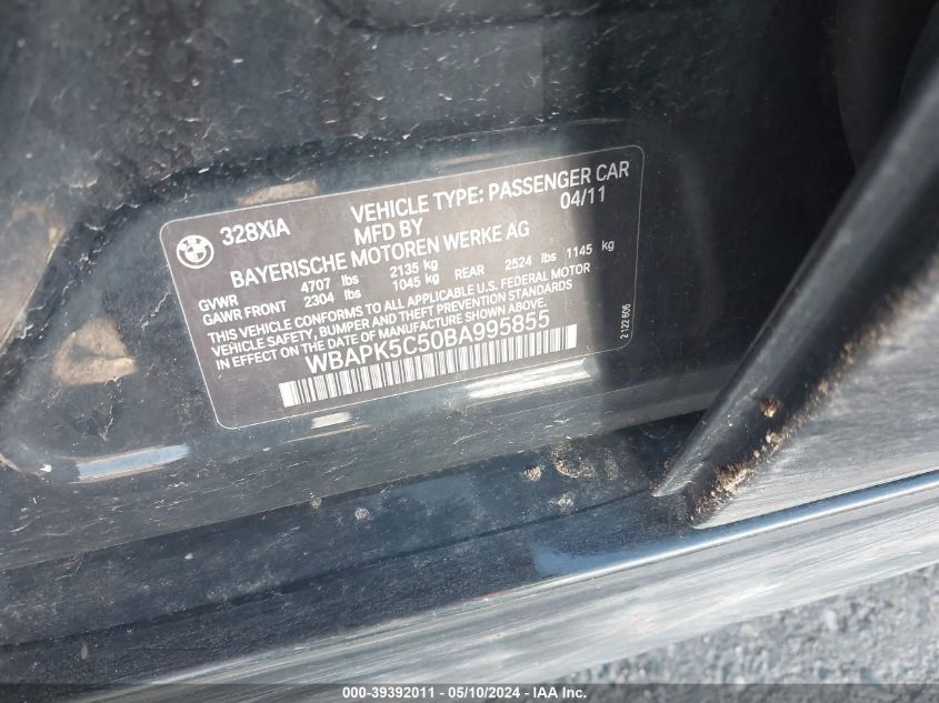 2011 BMW 328I xDrive VIN: WBAPK5C50BA995855 Lot: 39392011