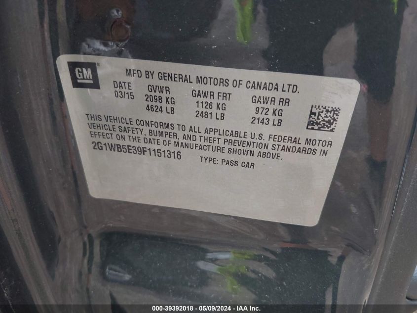 2015 Chevrolet Impala Limited Lt VIN: 2G1WB5E39F1151316 Lot: 39392018