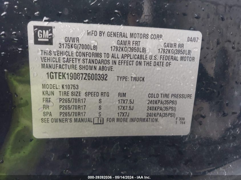2007 GMC Sierra 1500 Sle2 VIN: 1GTEK19087Z600392 Lot: 39392036
