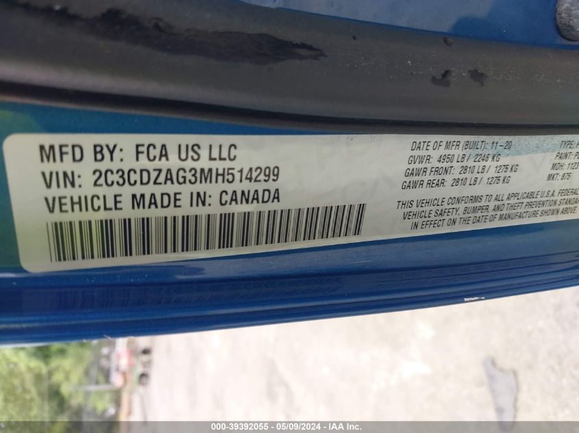 2021 Dodge Challenger Sxt VIN: 2C3CDZAG3MH514299 Lot: 39392055