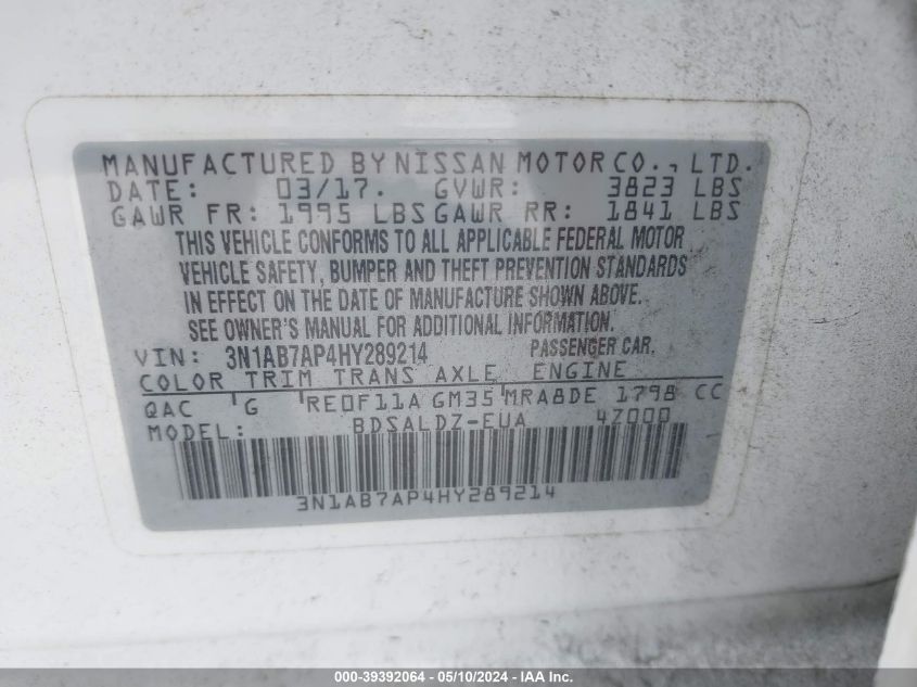 2017 Nissan Sentra Sv VIN: 3N1AB7AP4HY289214 Lot: 39392064