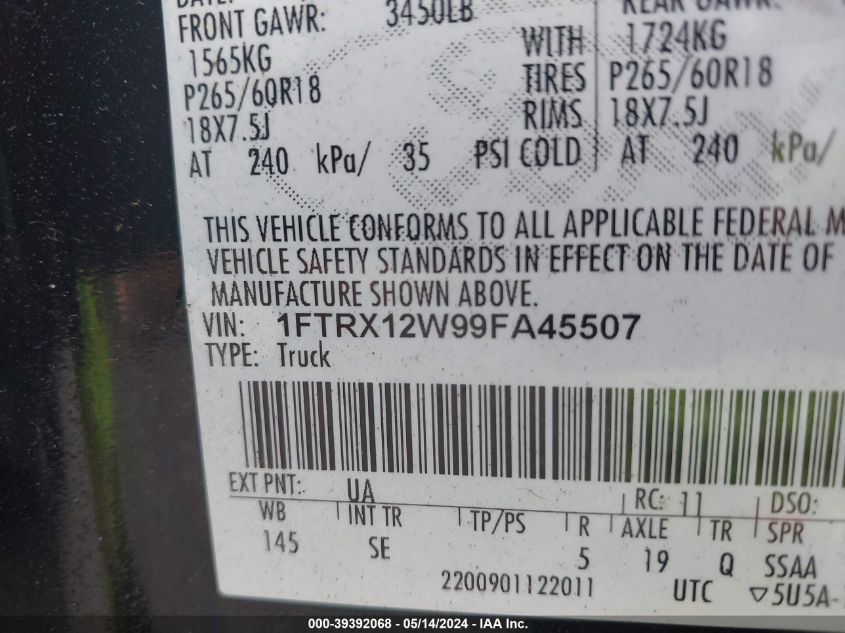 2009 Ford F-150 Stx/Xl VIN: 1FTRX12W99FA45507 Lot: 39392068