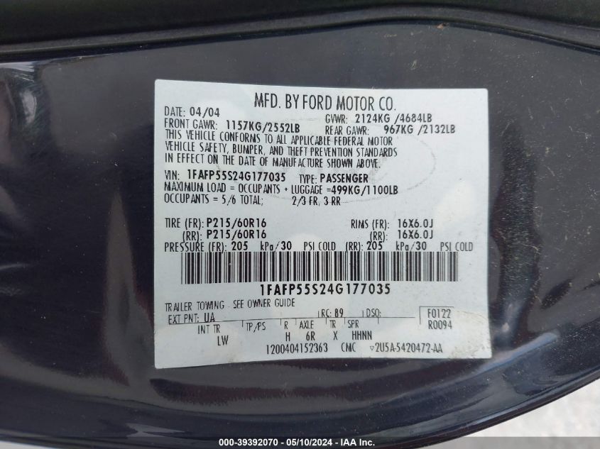 2004 Ford Taurus Ses VIN: 1FAFP55S24G177035 Lot: 39392070