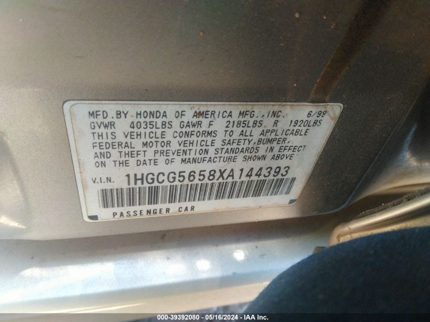 1999 Honda Accord Ex VIN: 1HGCG5658XA144393 Lot: 39392080