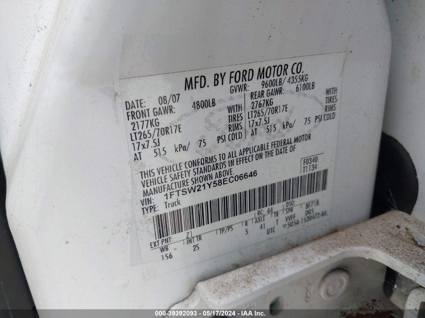 2008 Ford F-250 Fx4/Harley-Davidson/King Ranch/Lariat/Xl/Xlt VIN: 1FTSW21Y58EC06646 Lot: 39392093