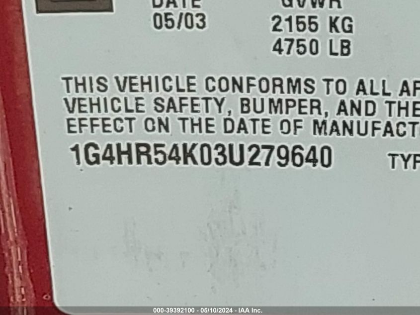 2003 Buick Lesabre Limited VIN: 1G4HR54K03U279640 Lot: 39392100