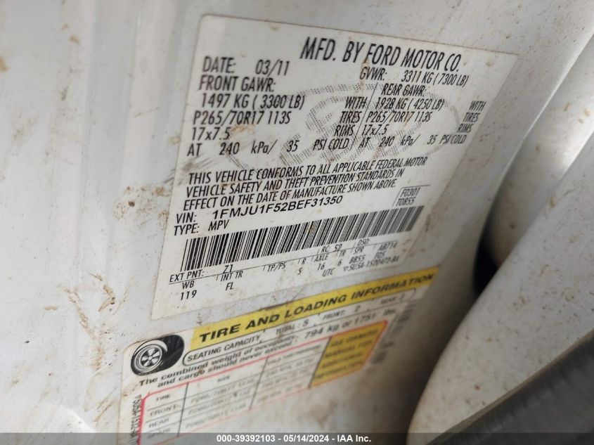 2011 Ford Expedition Xl VIN: 1FMJU1F52BEF31350 Lot: 39392103