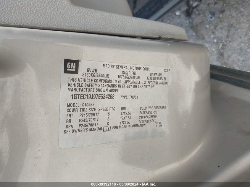 2007 GMC Sierra 1500 Sle1 VIN: 1GTEC19J97E534268 Lot: 39392118