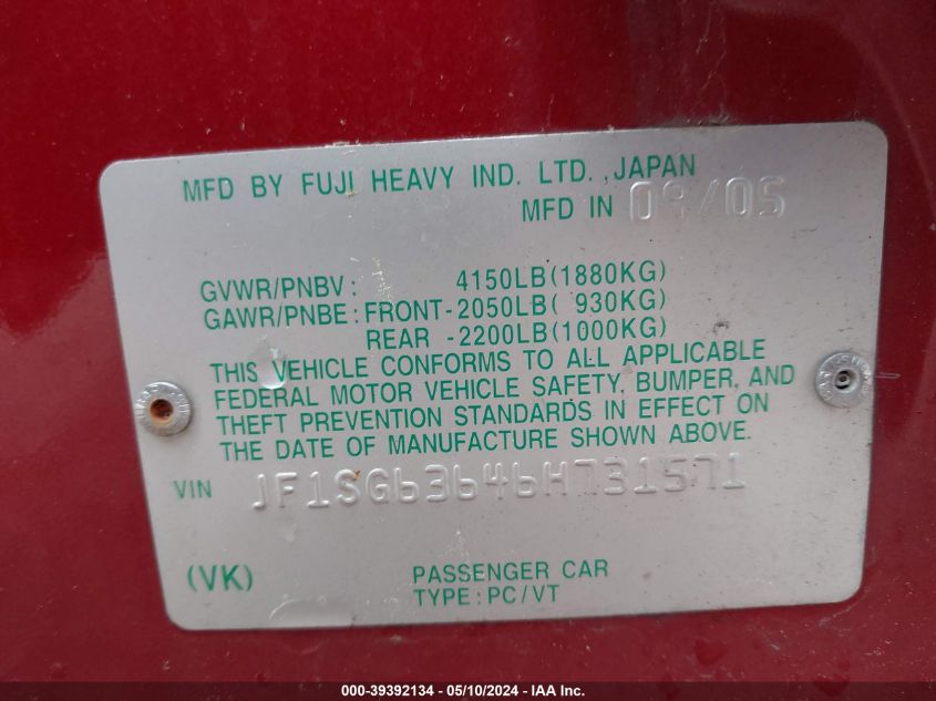 2006 Subaru Forester 2.5X VIN: JF1SG63646H731571 Lot: 39392134