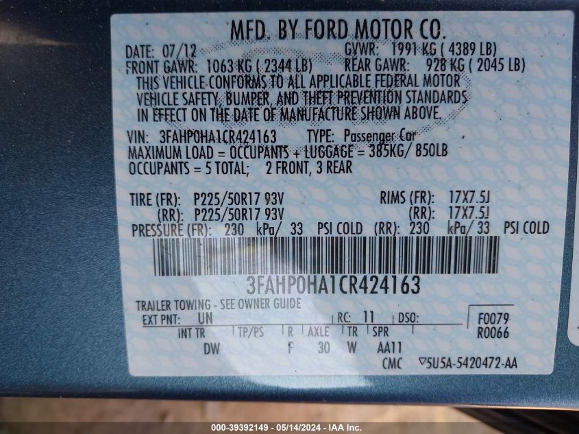 2012 Ford Fusion Se VIN: 3FAHP0HA1CR424163 Lot: 39392149