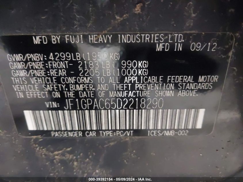 2013 Subaru Impreza 2.0I Premium VIN: JF1GPAC65D2218290 Lot: 39392154