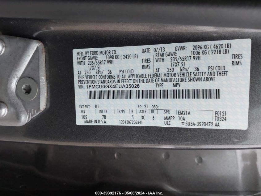 2014 Ford Escape Se VIN: 1FMCU0GX4EUA35026 Lot: 39392176