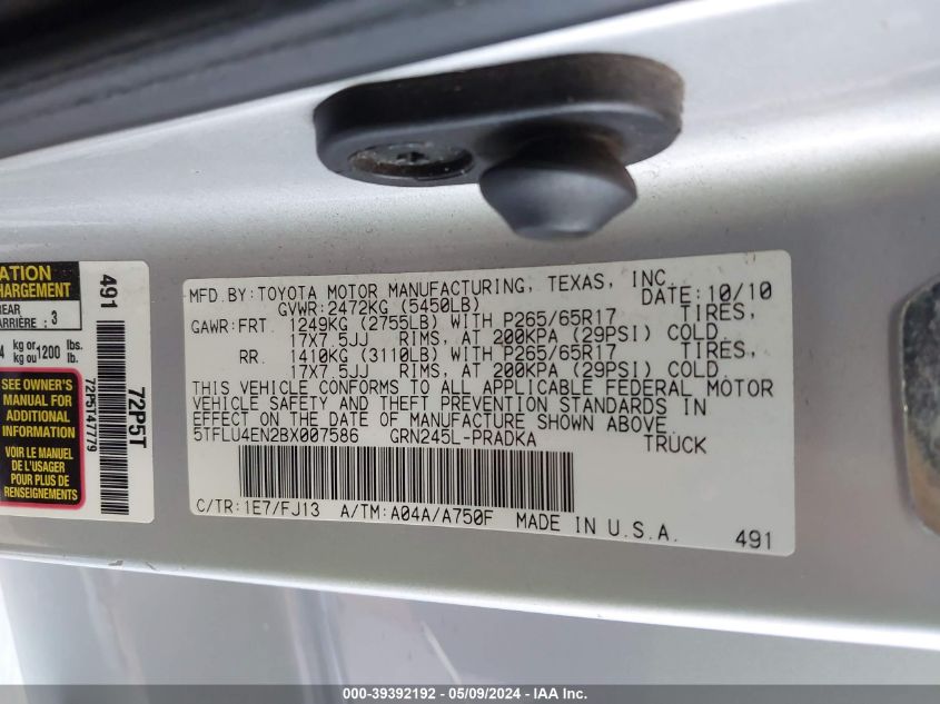 2011 Toyota Tacoma Base V6 VIN: 5TFLU4EN2BX007586 Lot: 39392192