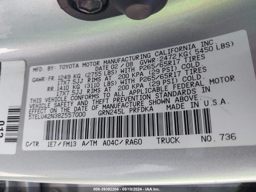2008 Toyota Tacoma Base V6 VIN: 5TELU42N38Z557000 Lot: 39392204