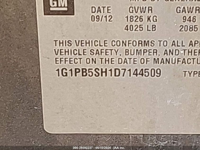 2013 Chevrolet Cruze Ls Manual VIN: 1G1PB5SH1D7144509 Lot: 39392237