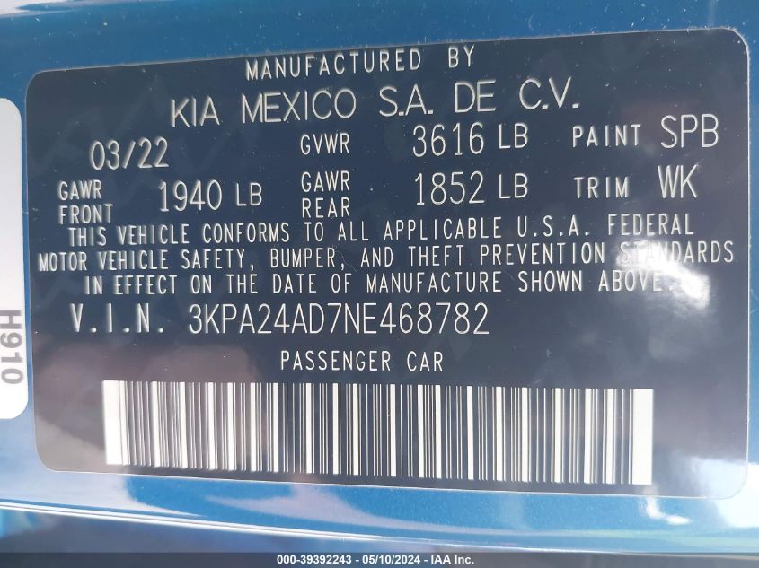 2022 Kia Rio S VIN: 3KPA24AD7NE468782 Lot: 39392243